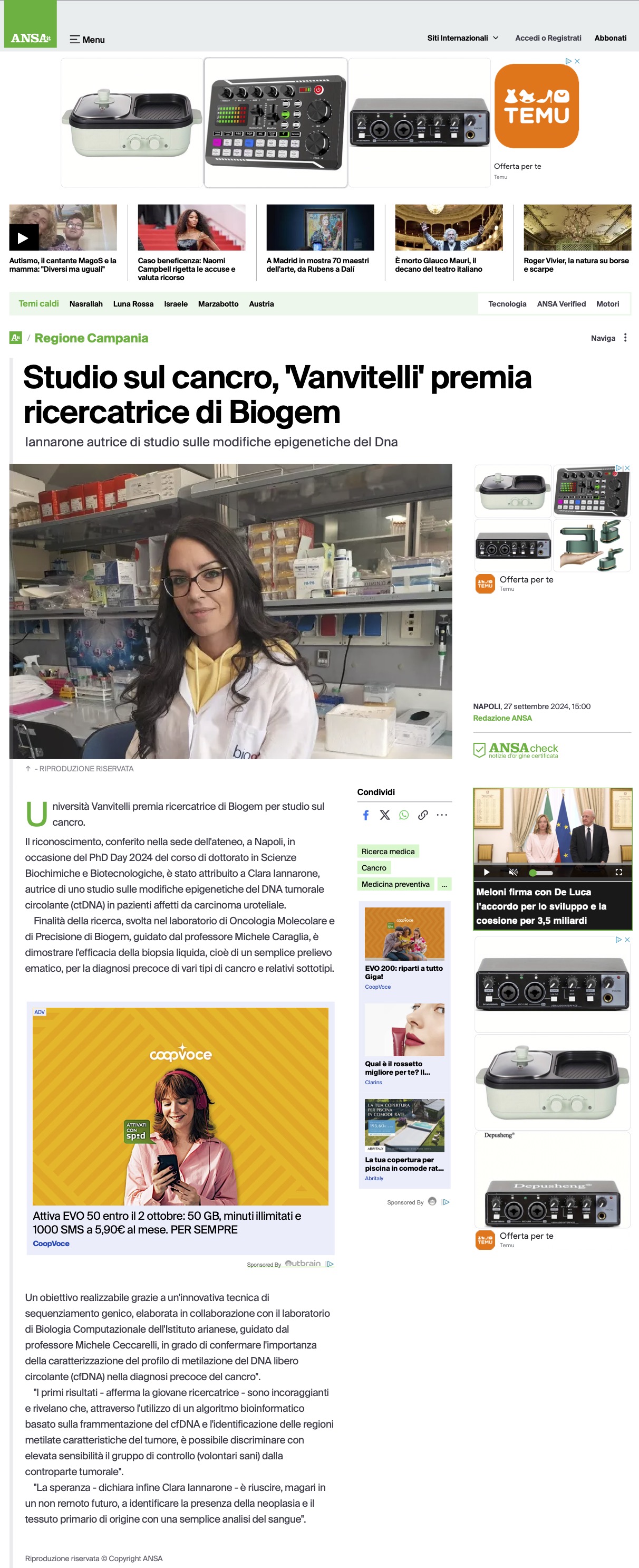 Studio sul cancro, 'Vanvitelli' premia ricercatrice di Biogem